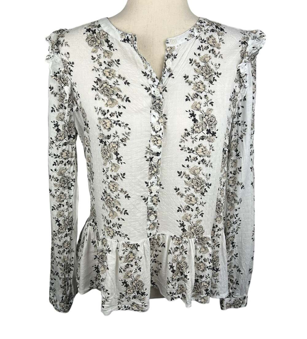 Lucky Brands Ivory and Floral Print Textured Top with Peplum Size S EUC